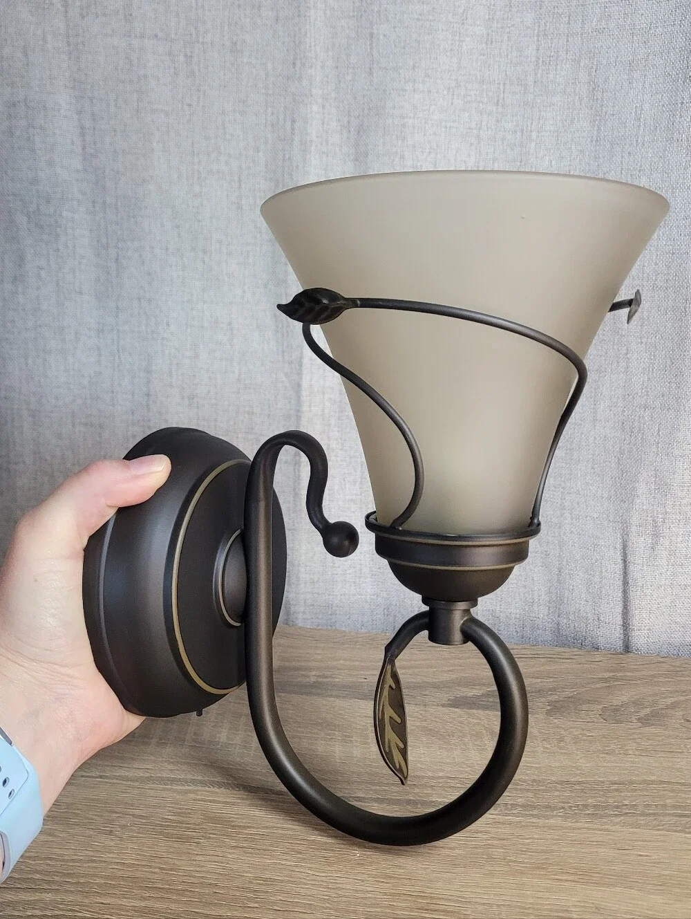 Battery Operated Glass Wall Sconce with Bronze Leaf Accent Candle Impressions